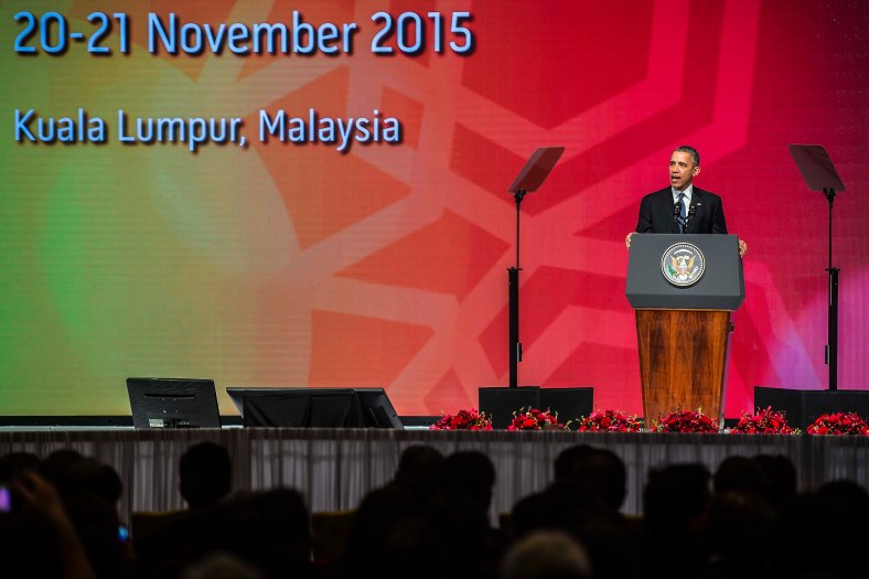 US President Barack Obama speech during the Asean Business and Investment Summit in Kuala Lumpur on November 21, 2015. Barrack Obama attend the 27th Association of South East Asian Nations (ASEAN) Summit that has takes place in Malaysia from November 18-22 2015. photo Adib Rawi Yahya